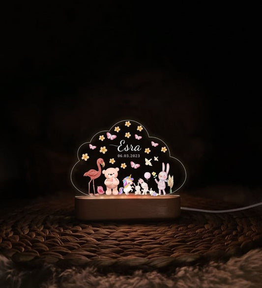 Kişiye Özel Masal Dünyası Gece Lambası – Kız Çocuklara Unicorn ve Tavşan Temalı Hediye